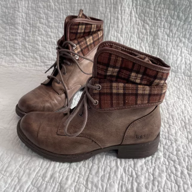 BOC Born Concept Combat Biker Boot Womens Size 7.5 Brown Plaid Leather C72506