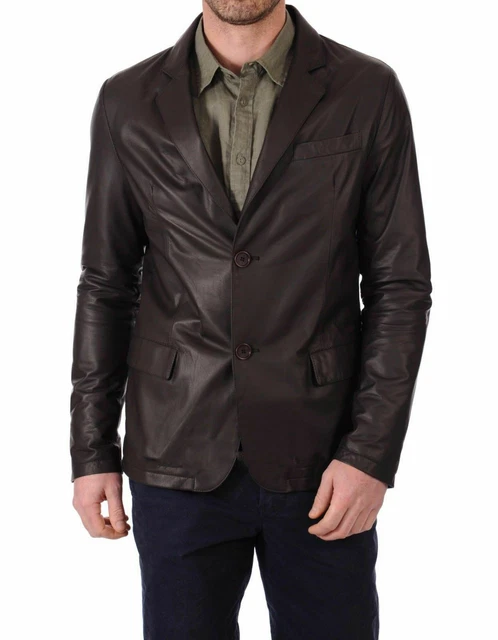 Hombre Cuero Marrón Blazer 100% Genuino Piel Cordero Dos Botón Chaqueta/Abrigo