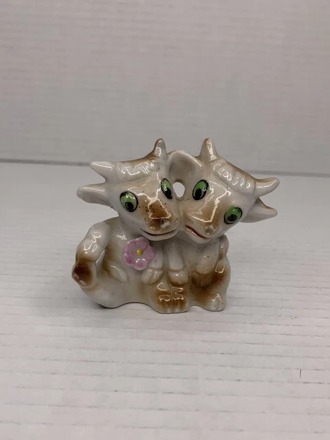 VTG Japan Ceramic Porcelain Baby Calfs Cows  Brown With Pink Flower Figurine