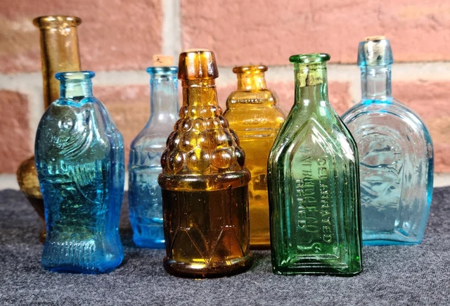 Vintage (Lot of 7) Mini Glass Bottles Made Taiwan Bitters Horseshoe Grape Apple