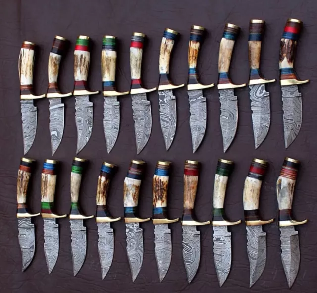 Lot Of 20 Stag/Antler Custom Handmade Damascus Steel Sharpened Edge Fixed Knives