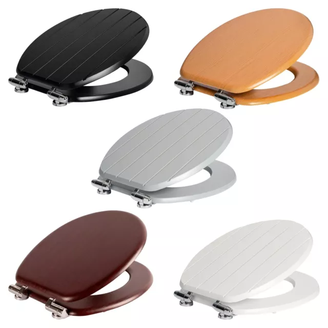 SOFT CLOSE TOILET Seat Wooden Chrome Fixings for WC Bathroom Grooved