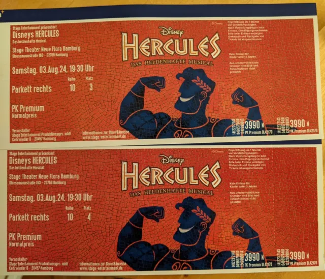 2 Tickets Musical Disneys Hercules Hamburg 03.08.2024 19:30 Uhr