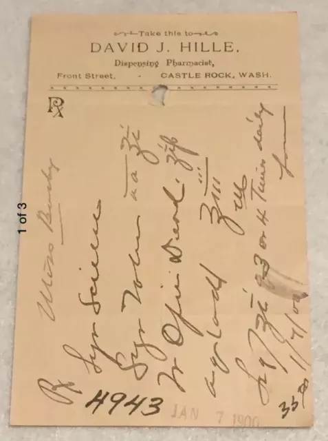 Antique Rx Prescription Form Opium 1900 Paper Ephemera Castle Rock WA Pharmacy
