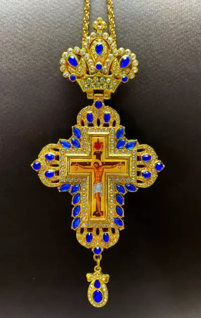 Greek Russian Orthodox Priest Pectoral Cross Pendant Gold Plated Blue Stones