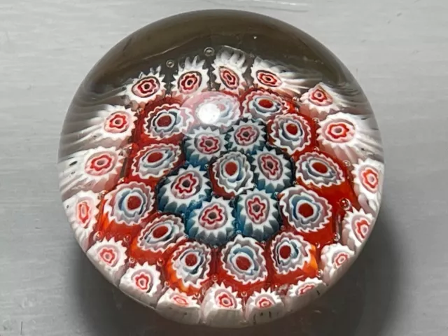 Murano Style Blue, Red & White Mille Fiori Flower Canes Art Glass Paperweight