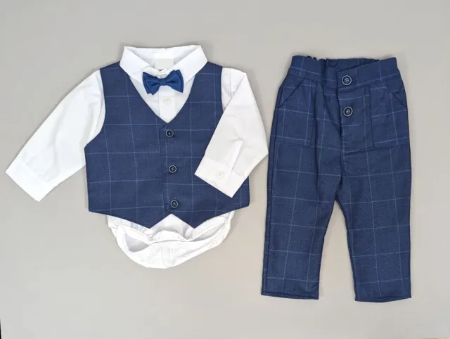 Baby Boys Navy Checker Outfit Smart Formal Suit Wedding Christening Baptism Set 2