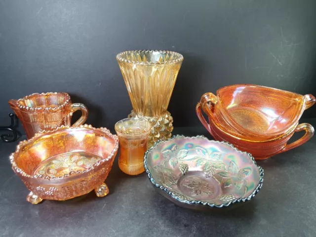 Job Lot Of Carnival Glass Candy Dishes Vase Gravy Boats Marigold Green