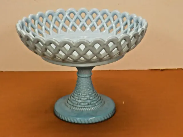 Challinor & Taylor Blue Milk Glass Basket Weave Lace Edge Compote Fruit Bowl *