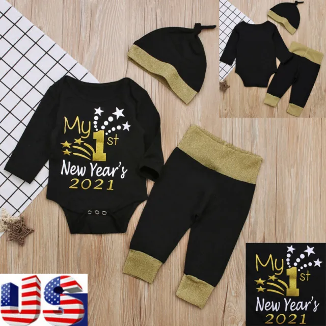 Newborn Infant Baby Boy Girl Outfit Clothes Jumpsuit  Romper Tops+Pants+Hat Set