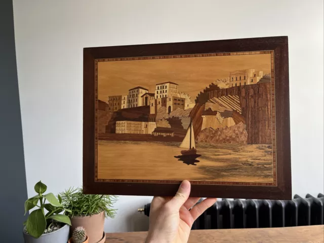 Vintage Inlaid Wood Marquetry Picture Sorrento Coastal Scene Picture With Boat