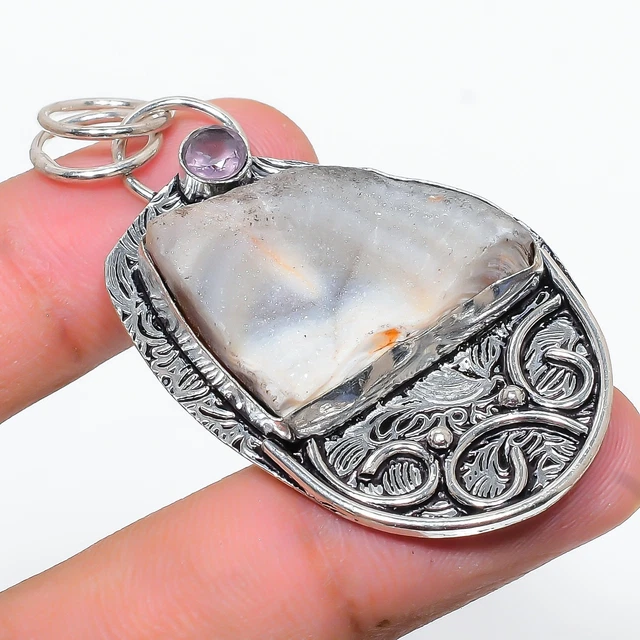 Desert Rose Druzy, Amethyst 925 Sterling Silver Jewelry Pendant 2.25" H766