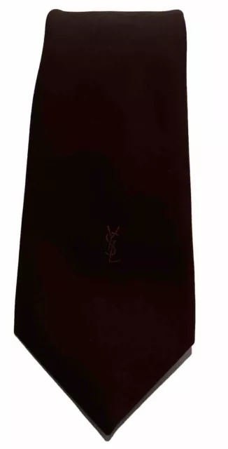 VINTAGE Yves Saint Laurent Tie Solid Dark Brown YSL Logo Polyester Silk 3" x 54”