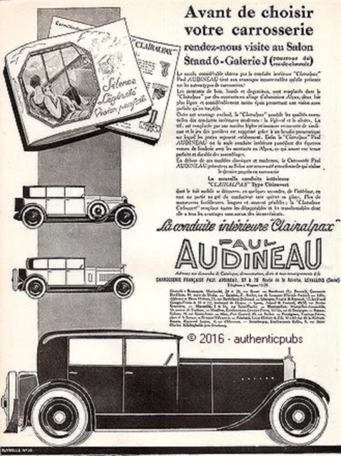 Publicite Paul Audineau Carrosserie Clairalpax Automobile De 1926 Ad Pub Deco