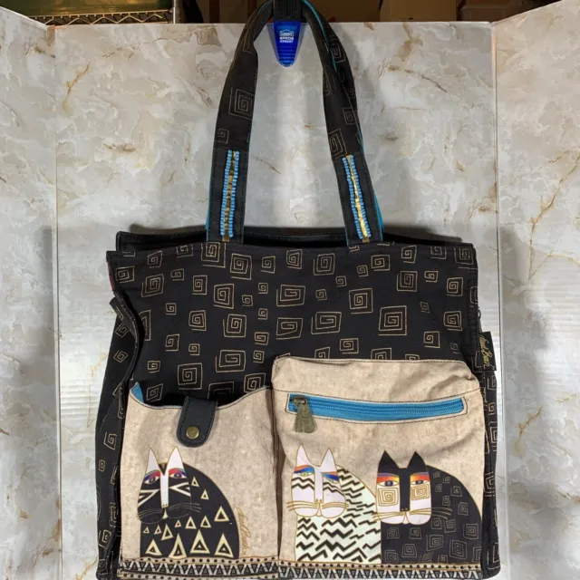 Laurel Burch Black, Gold & Turquoise Cats Canvas Tote Bag/Purse