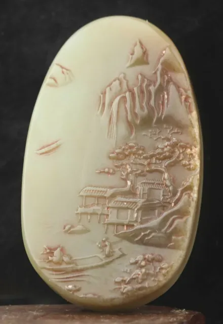 Chinese old natural hetian jade hand-carved statue landscape pendant 2.9 inch