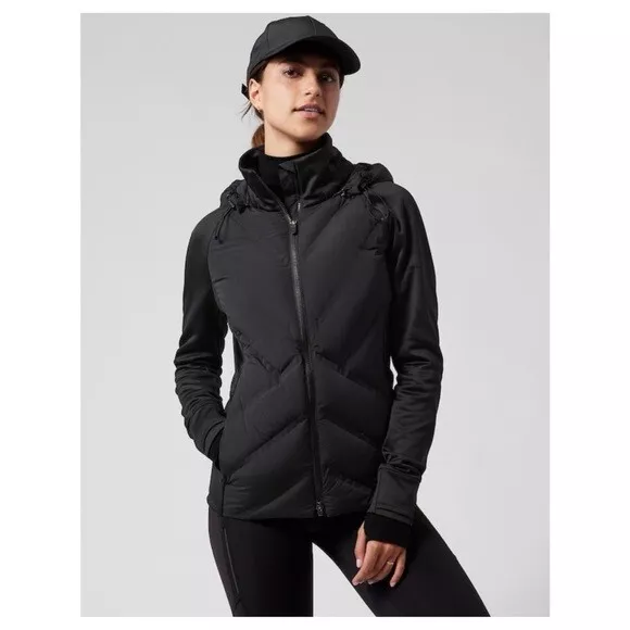 Athleta Inlet Jacket Womens Medium M Black Goose Down Removable Hood Zip Up Coat