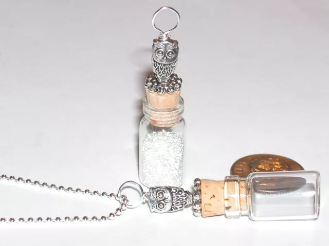 1pc Glass OWL Clear perfume small bottle cork pendant vial fill locket Necklace*