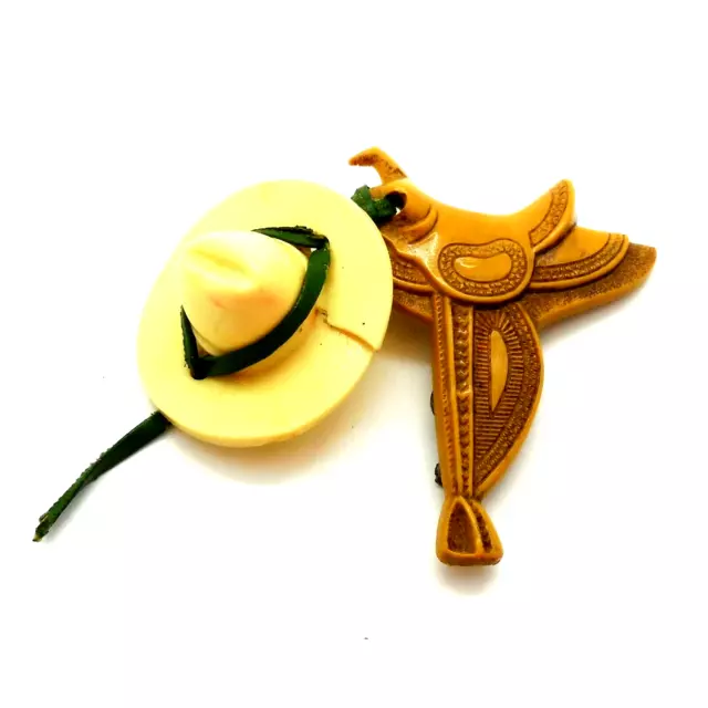 Saddle With Dangle Hat Western Pin Brooch Figural Vintage Plastic Celluloid 2