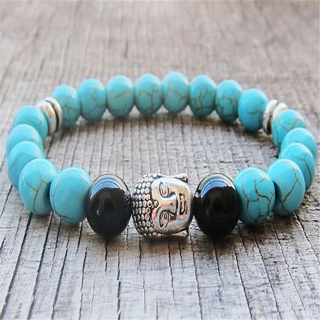 8mm Blue Turquoise Obsidian Gemstone Mala Bracelet 7.5 inches Unisex Bless Sutra