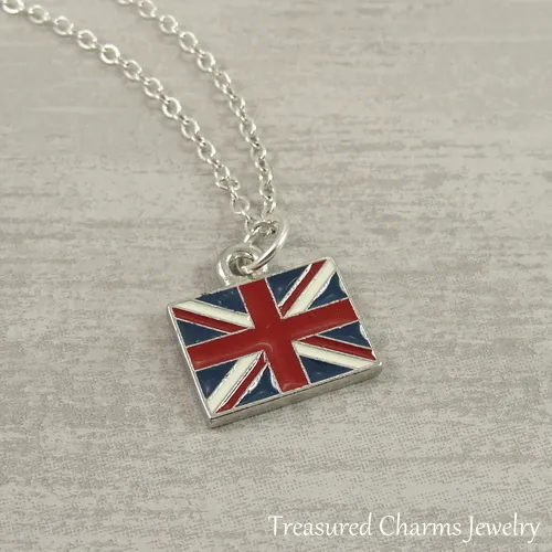 Silver British Flag Necklace - UK Union Jack Flag Patriotic Pendant Jewelry NEW