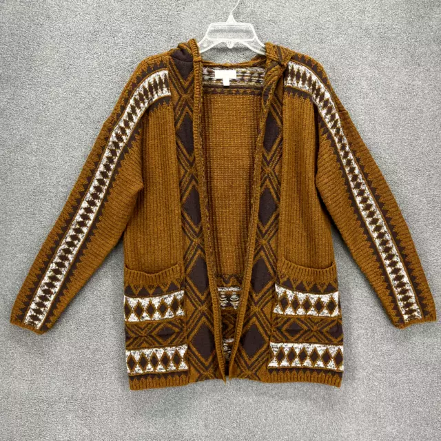 Lucky Brand Sweater Womens Medium Brown Open Front Cardigan Hooded Aztec pocket