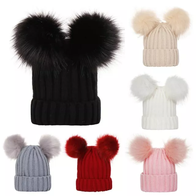 Newborn Kids Baby Boy Girl Double Fur Pom Hat Winter Warm Knit Bobble Beanie &&