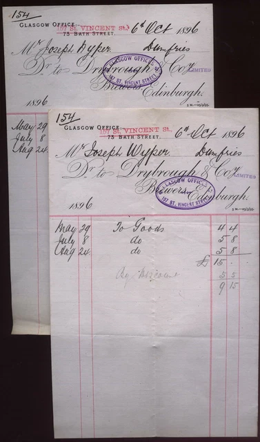 1896 DRYBROUGH & CO, Brewers, Edinburgh, Glasgow Office Two accounst to Dumfries