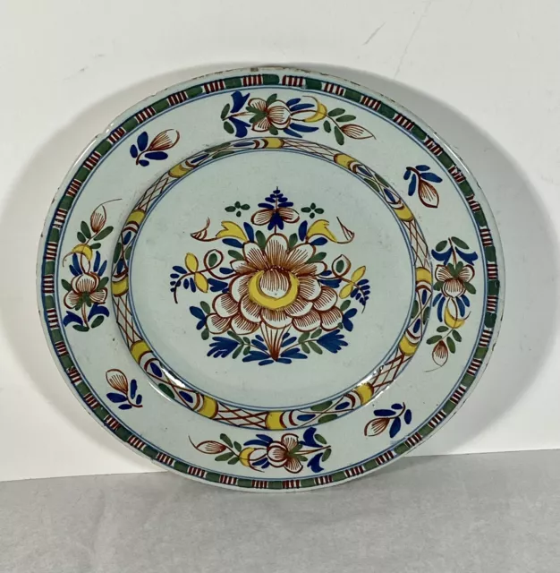 Antique 18th Century Dutch or English Delft Polychrome Decorated Plate