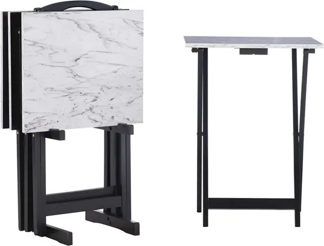 Set of 4 TV Tray Snack Table W/ Stand Wood Folding Portable Desk Faux Marble Top