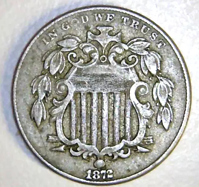 1872 US Shield Nickel - Better Coin Minor Die Break + Free Shipping  (RF64)