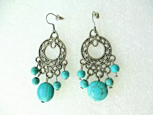 Vintage Silver Tone/ Dangling Turquoise Stones French Hook Earrings