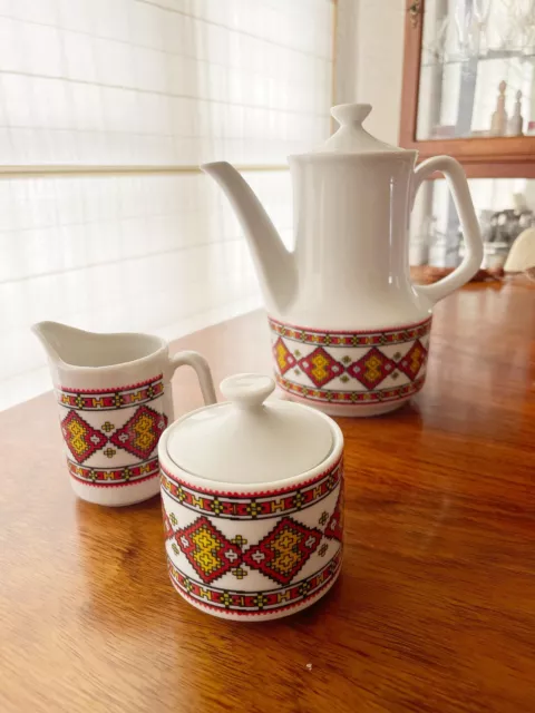 Vintage DELTA Ukrainian Coffee/Tea pot, Sugar & Cream Cups and 8 Coffee/Tea Cups