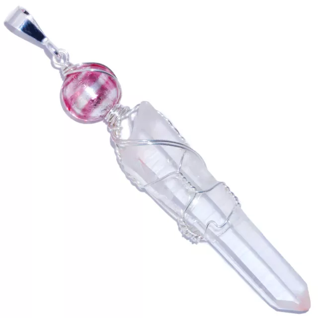 Pink Lemurian Quartz Crystal Pendant with Venetian Glass Foil Bead