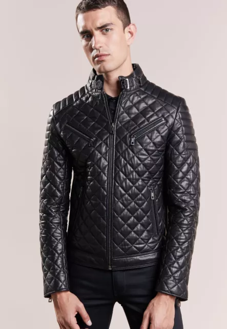 Black Quilted Leather Jacket Men Lambskin Biker Size S M L XL XXL Custom Made