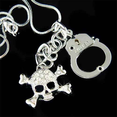 ~SKULL crossbone Cop HANDCUFF made with Swarovski Crystal HIP HOP chain Necklace