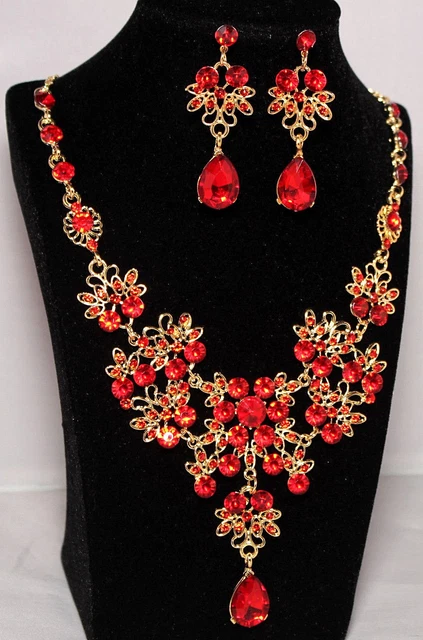 Schmuckset Damen Ohrringe, Kette Collier mit Kristallen und Strass rot 2tlg. NEU