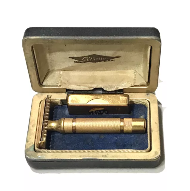 Vintage Antique Gillette USA Gold Tone Safety Razor Set Blades Case Old