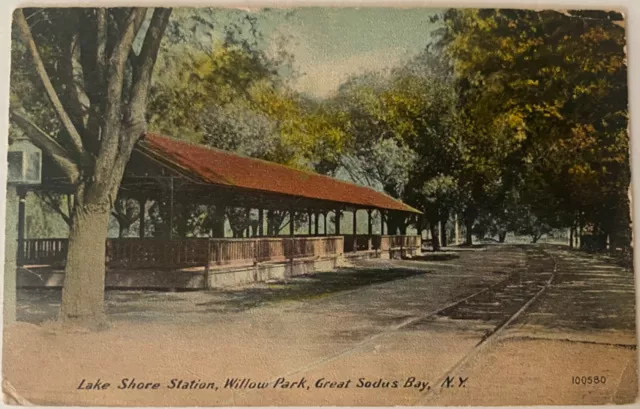 Sodus NY~Lake Shore Railway Station~Willow Park~Great Sodus Bay~Antique Postcard