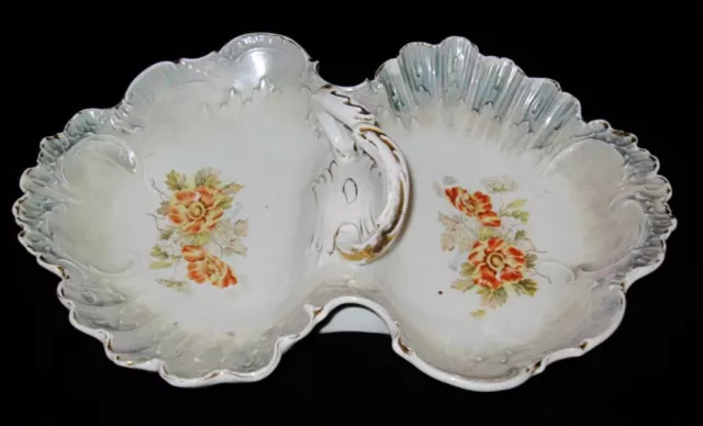 Hand Painted Orange Flowers #2819, Large Divided Handled Serving Dish, 14"