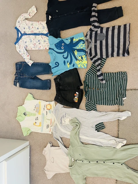 Large Bundle Of Baby Clothes Tops Bottoms Sleepsuits Vests 9-12 months
