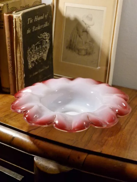 Antique Victorian White Opaline Pink Edged Cased Glass Ruffled Bride Basket Bowl