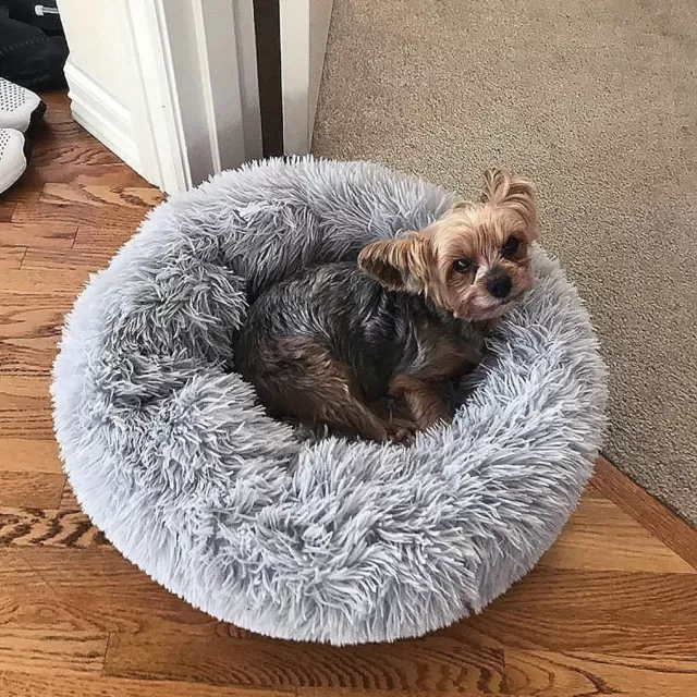 Dog Bed Donut Cuddler Calming Bed Fluffy Faux Fur (19") XS Extra Small LITE GREY