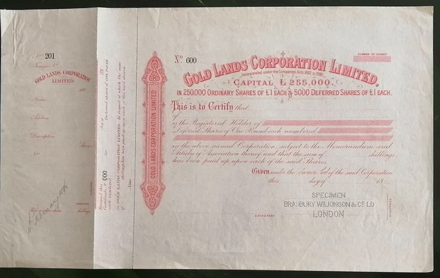 AFRICA share 1896 Gold Lands Corporation Ltd, mining specimen Bradbury Wilkinson