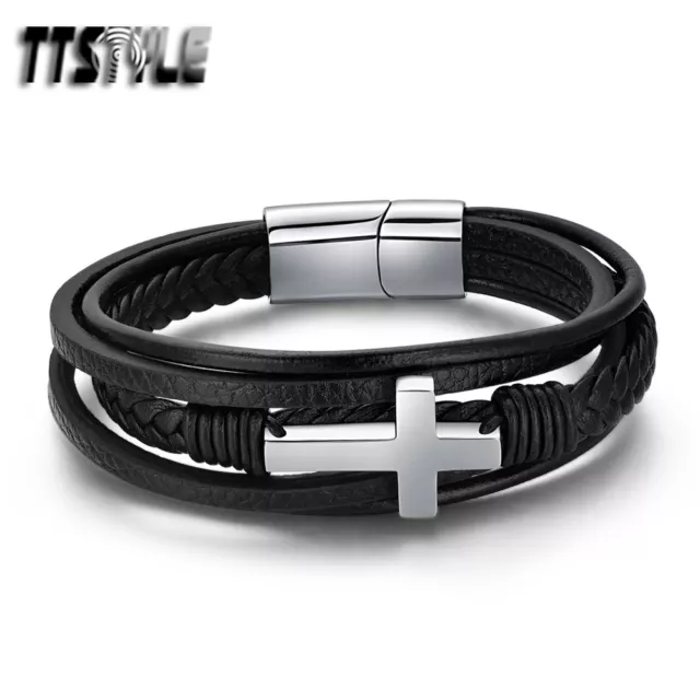 TTStyle Black Leather 316L Stainless Steel Cross Bracelet Wristband NEW