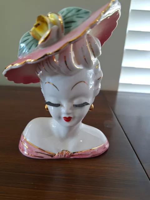 Vintage Lady Head Pink Hat Vase