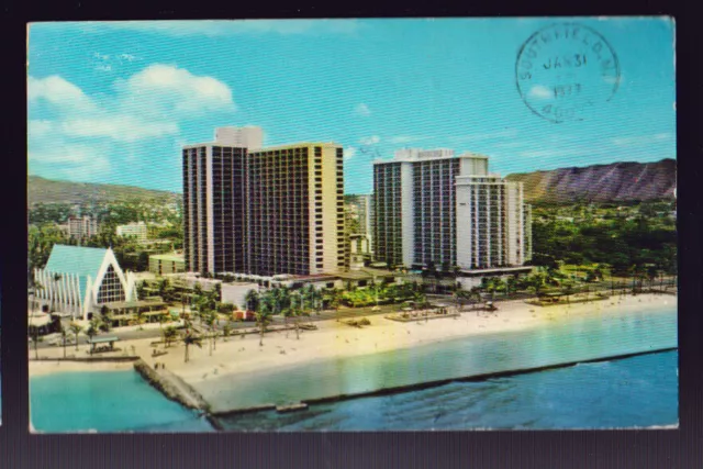 HAWAII HI 1977 Fronting Kuhio Beach Park Church Hotel Inn Postcard