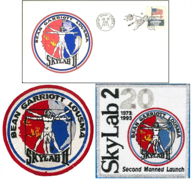 Skylab II NASA trio PATCH pair & Space Event postal cover '73 vtg - Bean Lousma