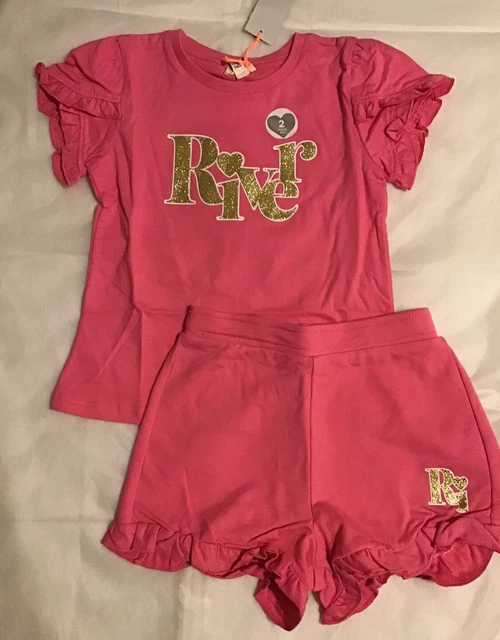 Set pantaloncini con logo River Island mini ragazze età 3-4 anni rosa glitter fronzoli nuovi con etichette 10