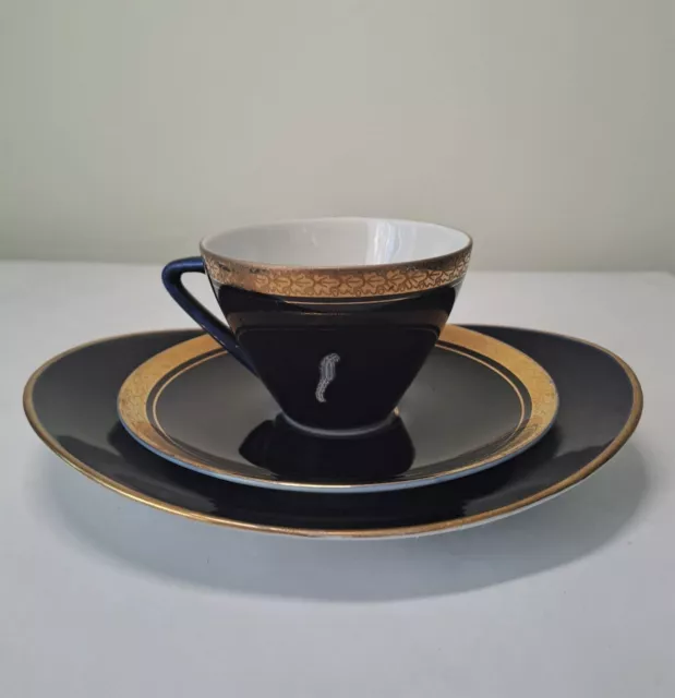 USSR Lfz Lomonosov Cobalt Blue Gold Porcelain Cup & Saucer & Oval Dessert Plate